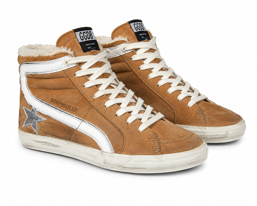 Golden Goose Slide Cognac Leather Shearling High Top Sneakers Shoes 38 In Box